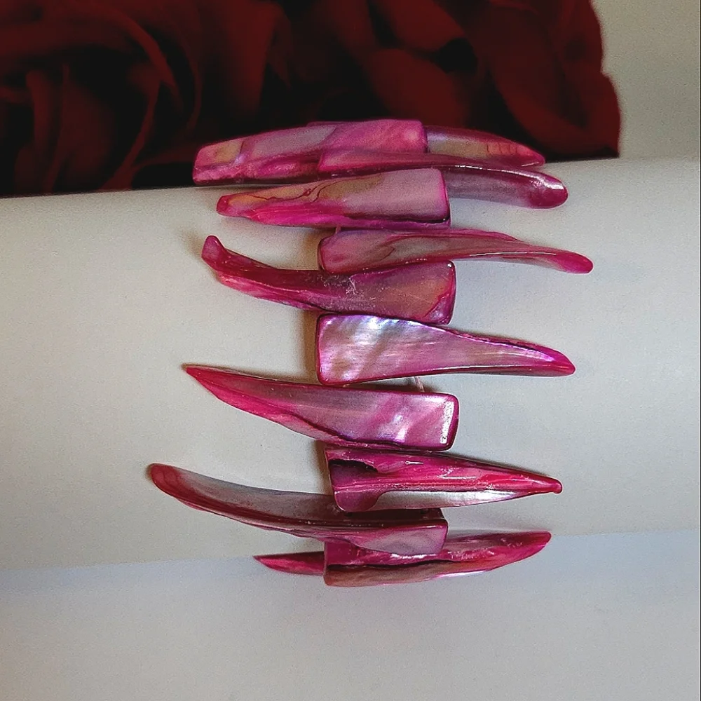 Pink Mother of Pearl Spikey Shell Stretch Bracelet HOT Pink Statement Bracelet